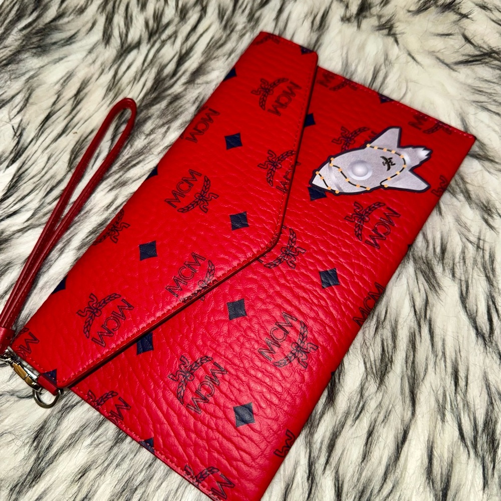Red and Black MCM Clutch/Wrislet Bag W. Space Rocket Emblem